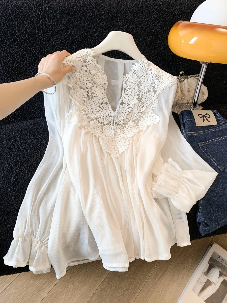 

Элегантная блузка с кружевной отделкой и вставками, женская, весенняя, новая, модная, высококачественная, с длинным рукавом, свободного кроя, во французском стиле, с V-образным вырезом