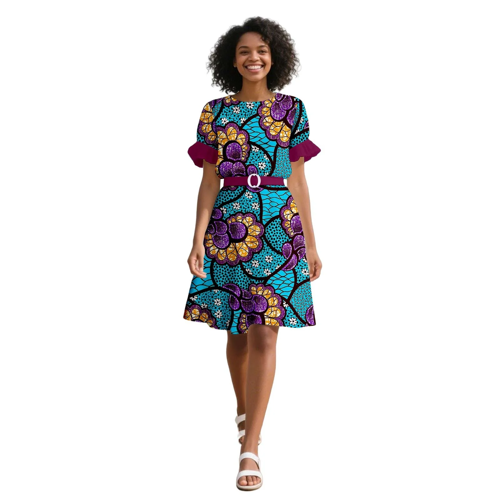 

Women's Africa Ankara Printed Dress Short Sleeve Knee-Length Square Neck Casual Fashionable Women's Dress