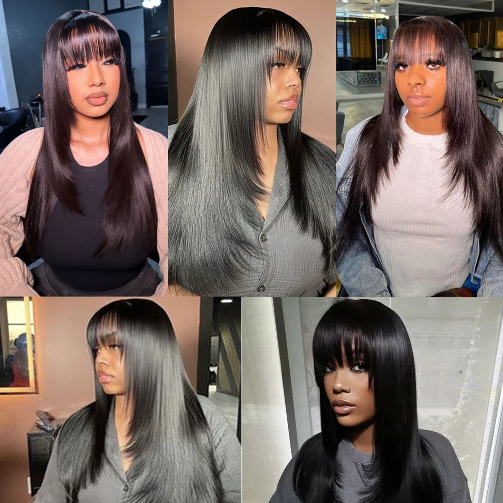 Straight Layered Cut Wigs For Black Women 3X1 HD Lace Synthetic Layered Wigs with Bangs Natural Black Straight Glueless Wigs