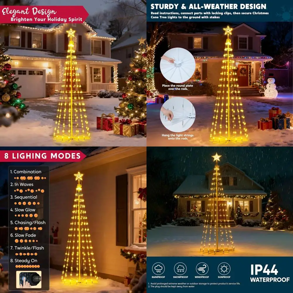 شجرة عيد الميلاد المخروطية LED متعددة الألوان بطول 6 أقدام مع 8 أوضاع إضاءة وعلوية على شكل نجمة لديكور العطلة الخارجية #1