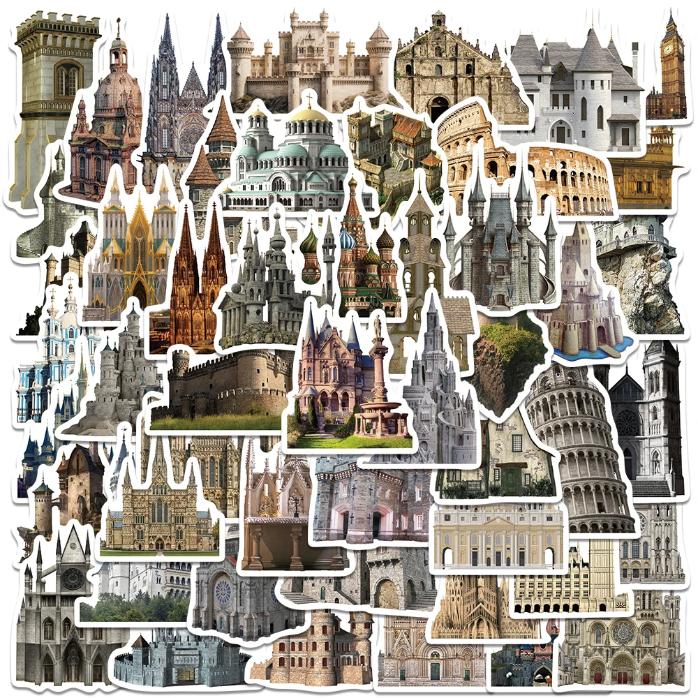 

50pcs Retro Middle Ages Castles Building Stickers For Laptop Water Bottle Luggage Notebook Waterproof Graffiti Vinyl Decals