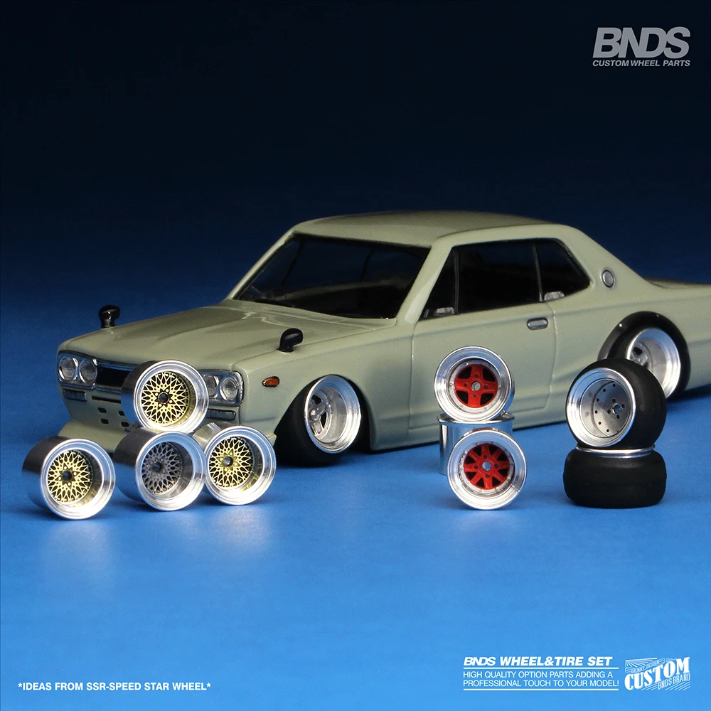 BNDS 1/64 Metal Wheel Hubs Rubber Tires Alloy Design Rims Detail-up Parts JDM VIP Style for Model Cars Vehicle 1:64 4pcs Set