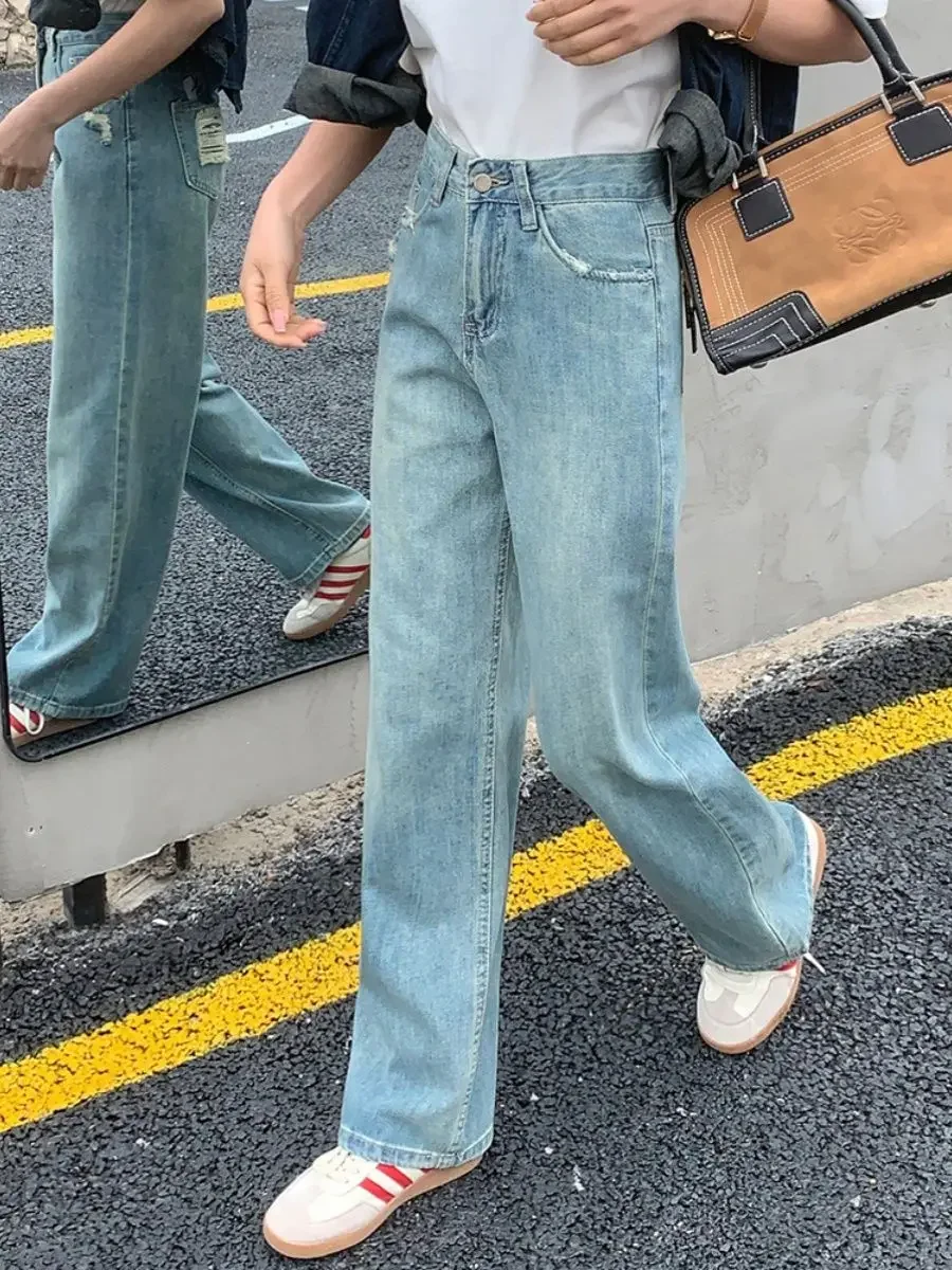 

High Waist Light Blue Ripped Denim Wide Leg Trousers Trendy Y2k Slim Straight Leg Jeans for Women New Autumn Winter Fashion