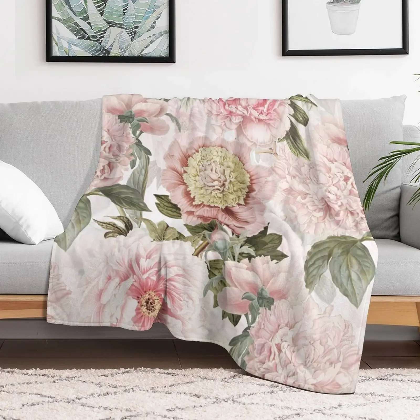 Vintage Botanical Blush Peony Flowers Pattern Throw Blanket Elegant Warm Throw Blanket for Hotel Home