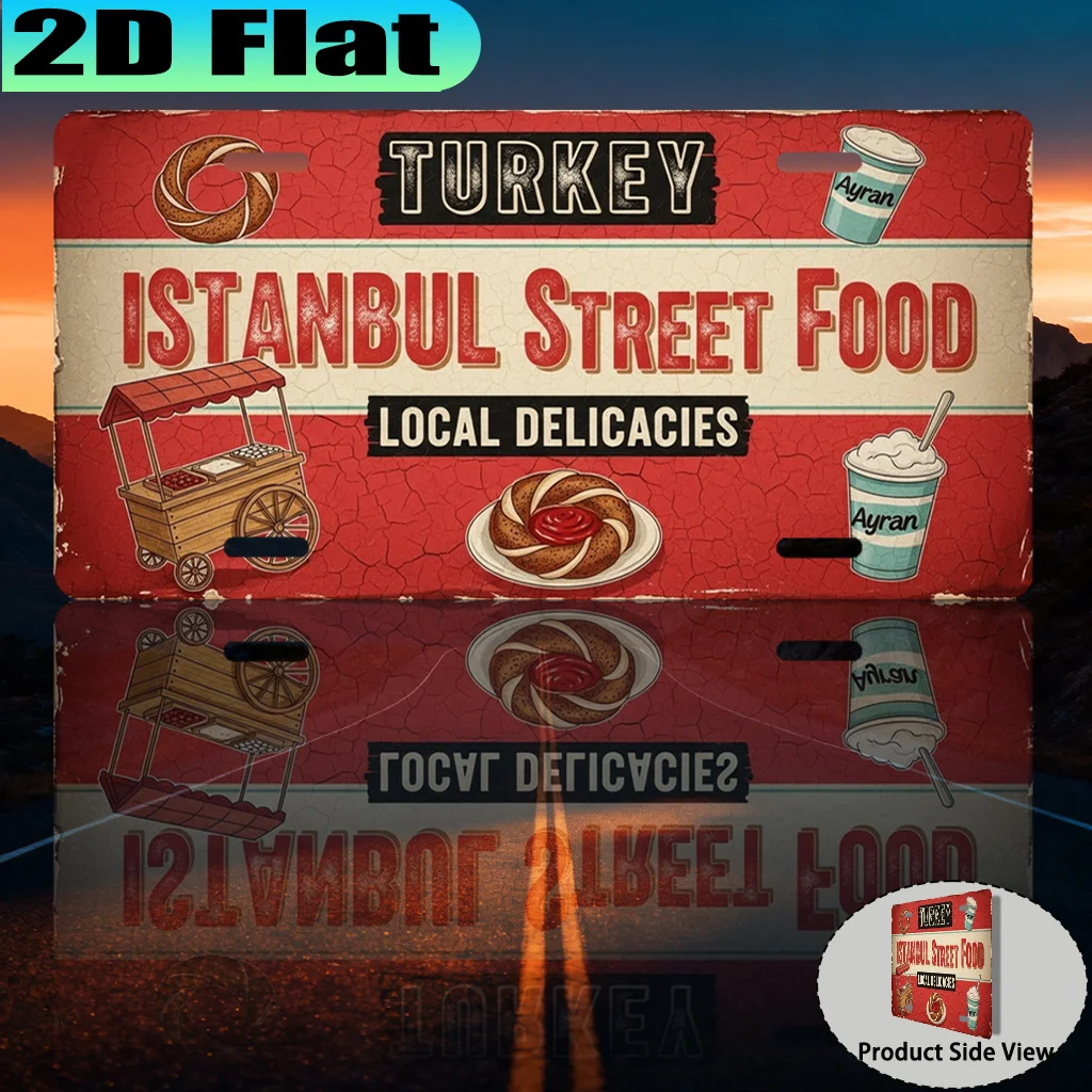 2D Flat, [2D Flat] 1pc, Turkey Istanbul Street Food Local Delicacies Vintage Aluminum Sign (30.48 X 15.24cm), for Decorative Pur