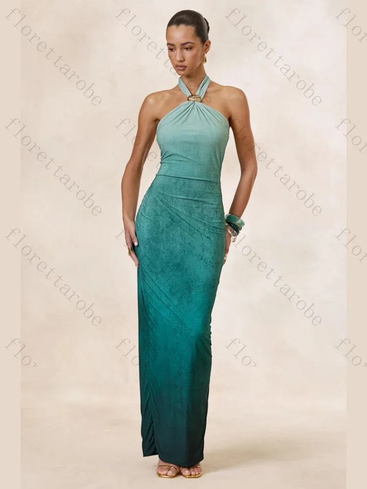 Customized Elegant Sleeveless Mermaid Evening Dresses 2026 New Sexy Halter Flod Gradient Open Back Ankle Length Lady Beach Dress