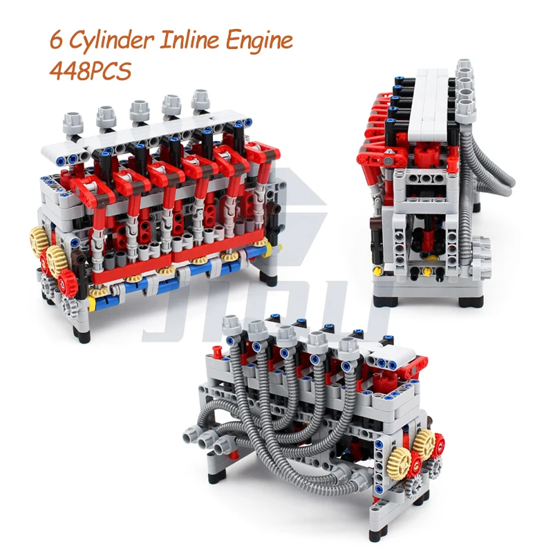 MOC Cylinder 6 Inline Engine with 4 Speed Engine Gearbox Sequential Motor Battery Box Building Blocks Kit DIY Car Model Gift Toy