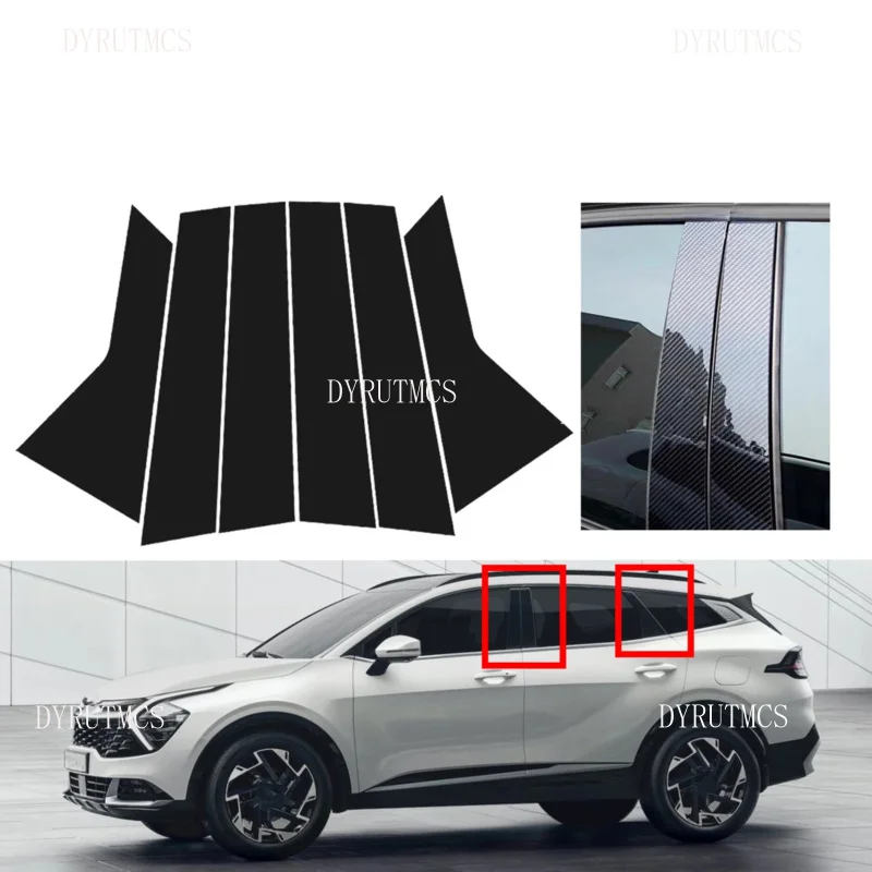 

6pcs Glossy Black Silver Carbon Pillar Posts Fit For Kia Sportage 2023-2024 Door Window Trim Cover BC Column Stickers
