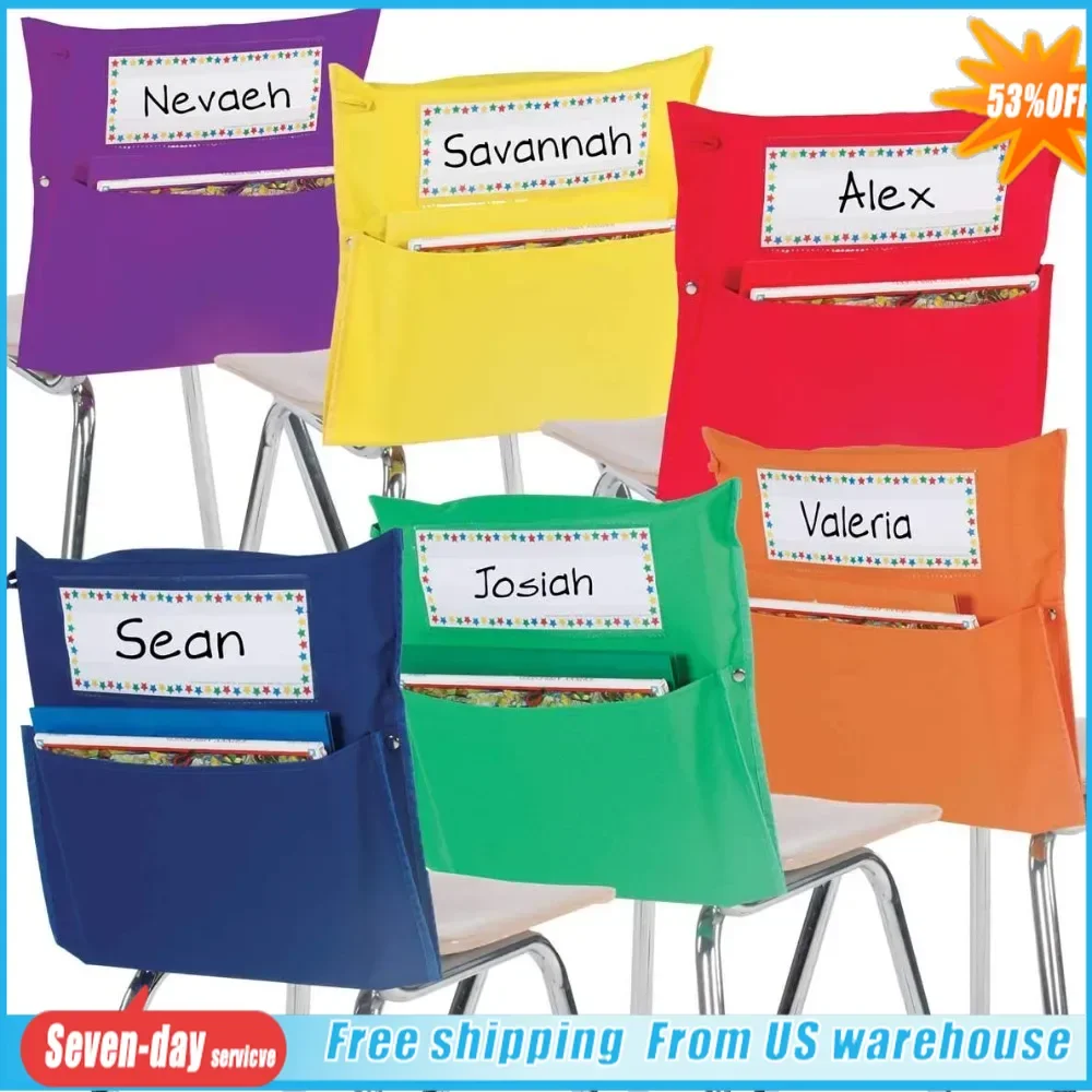 Chair More Grouping Pockets Set of 12, Six Bright Rainbow Colors Pocket Chair Organizer Keeps Students Organized, Chair