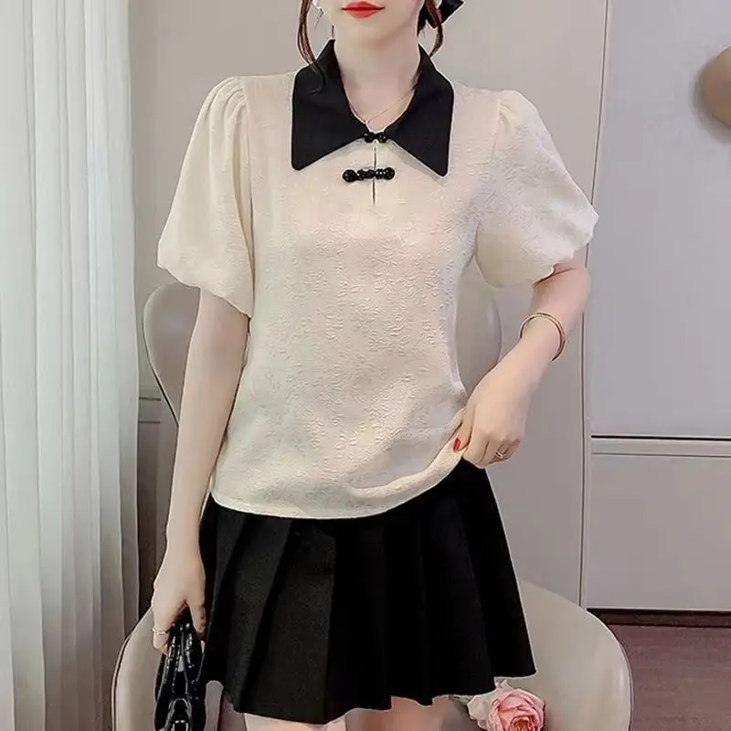 Women Summer Chinese Style Slim Embroidered Flares Chiffon Peter Pan Collar Short Sleeve Shirts Ladies Casual All-match Top Tee