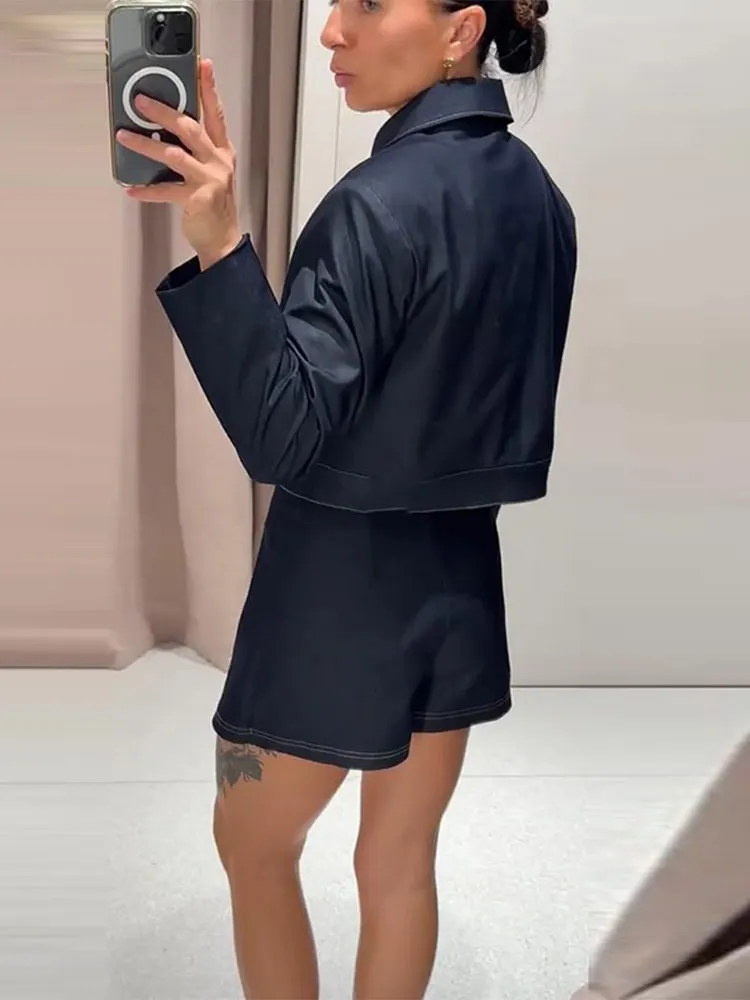 

Модный темно-синий женский костюм-двойка с воротником с лацканами и длинными рукавами, короткая куртка, широкие брюки, осенний стильный координатный наряд