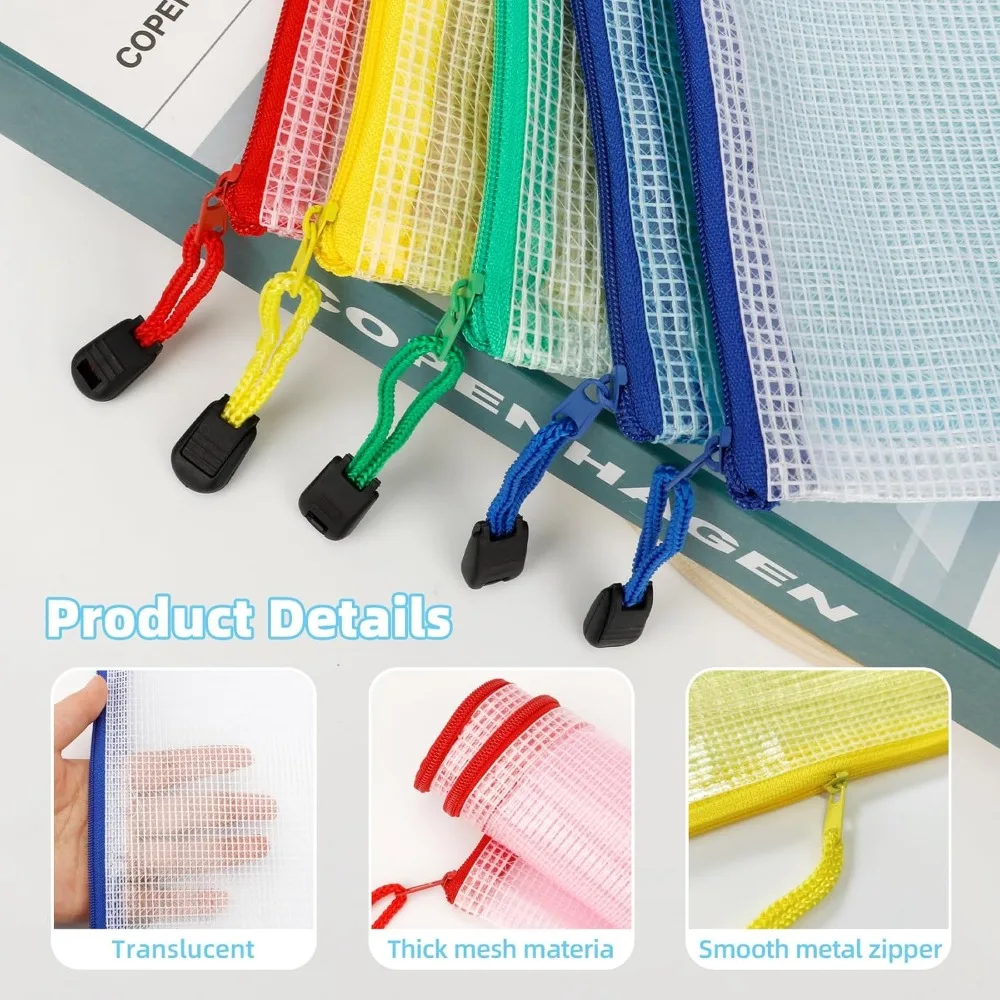 메쉬 지퍼 파우치 가방, 25 PCS 방수 지퍼 파우치 5 색 플라스틱 지퍼 가방 투명 메쉬 보관 주머니 모듬 색상