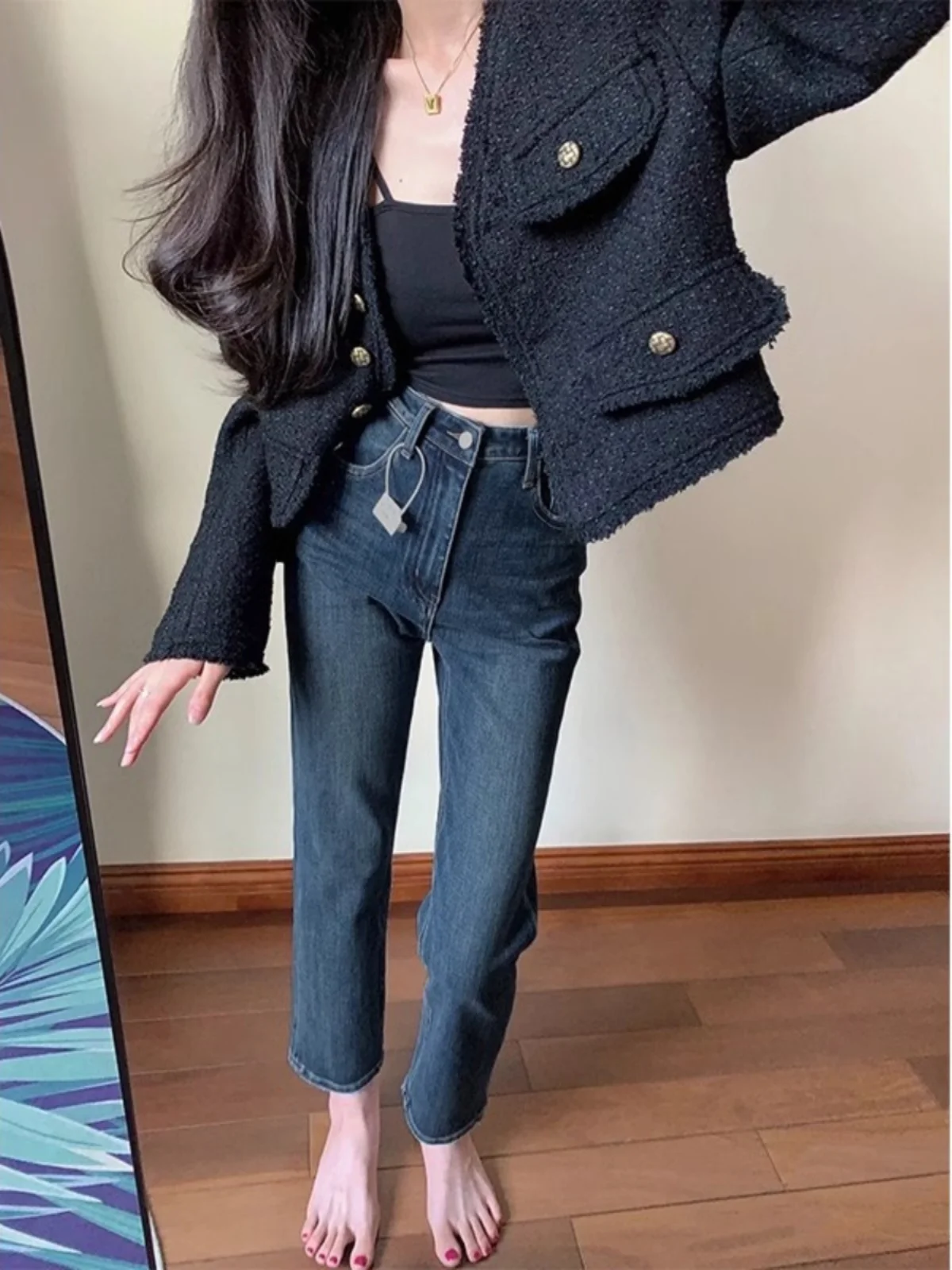 

High Waist Fce Lined Straight Leg Jeans Women's plus Size Autumn Winter Thiened Blue Jeans Slimming Nine Point ...