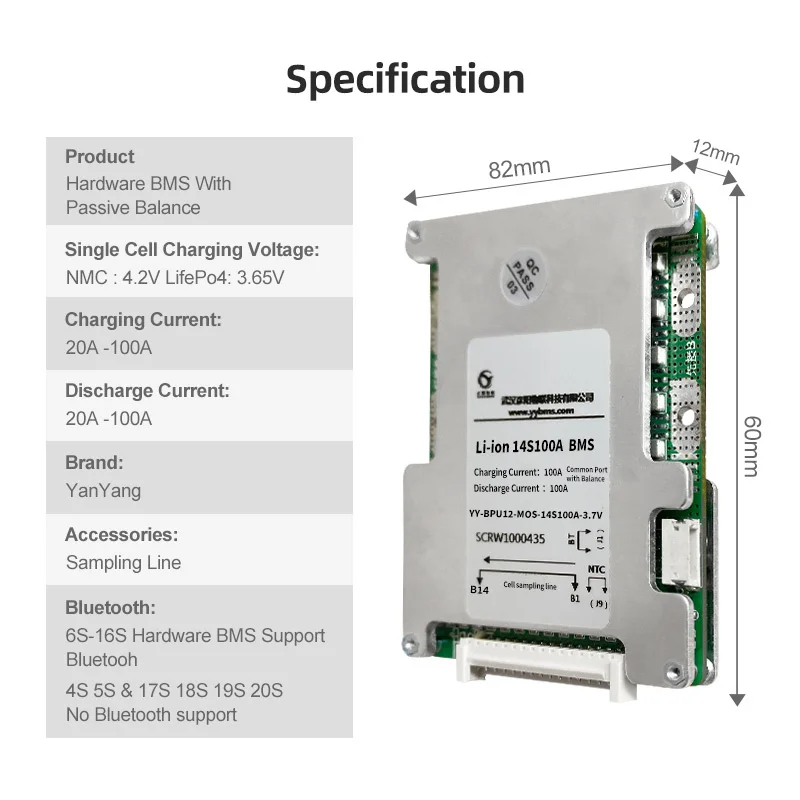 Yanyang Li-ion 18650 BMS For 14S NCM BMS 48V Lithium Solar Battery Li-ion Cell 100A Management System 14S BMS Board