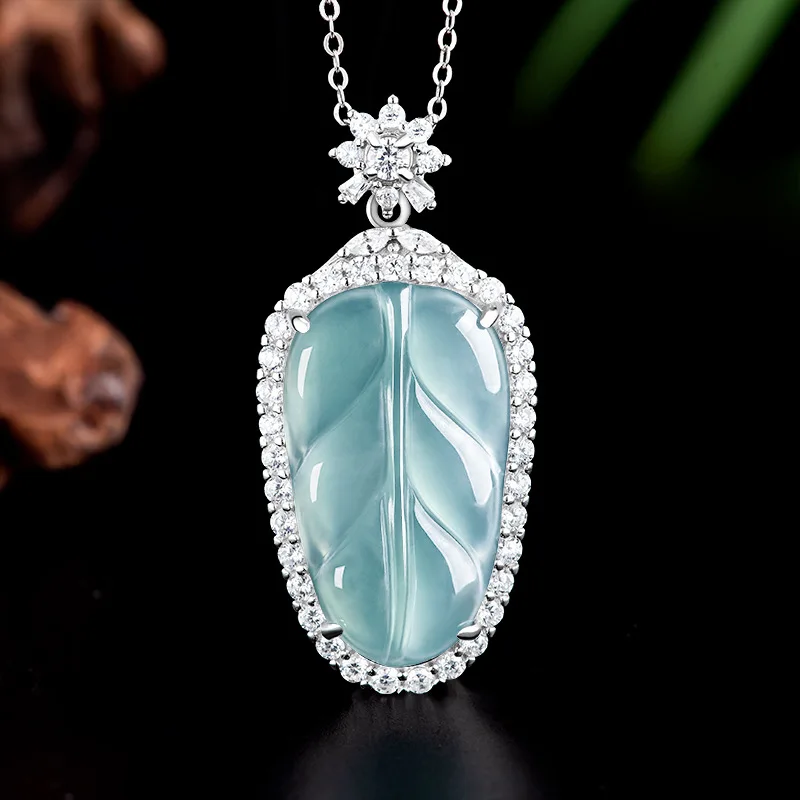 

Natural A Jadeite Leaf Pendant S925 Silver Ice Blue Water Necklace for Women