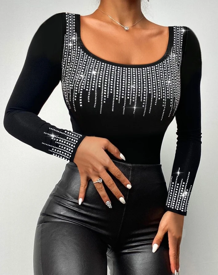 Autumn Fashion Top Rhinestone Decor Scoop Neck Long Sleeve Pullover Top Slim Fit Blouse Tee Elegant Top for Women