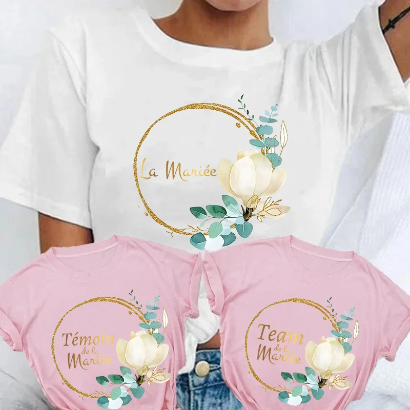 Team Bride T-shirt French Bridal Shower Wedding Tshirt Single Farewell Bachelorette Party Tops Flower Wreath Graphic EVJF Tees