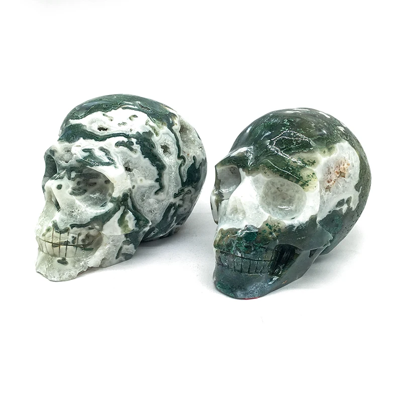 Wholesale Natural druzy moss agate skull hand made crystal crafts heading crystal skull for home decoration and sale