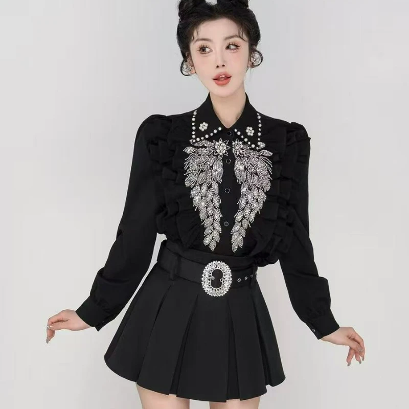 

Осень/зима 2026, новая повседневная модная рубашка с крыльями из бисера и блестками для тяжелой промышленности, женская лоскутная рубашка с рюшами