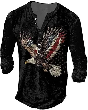 

Mens Henley Shirts American Flag Eagle V Neck Long Sleeve Casual Button Down T-Shirts for Men Vintage Tees Top2026