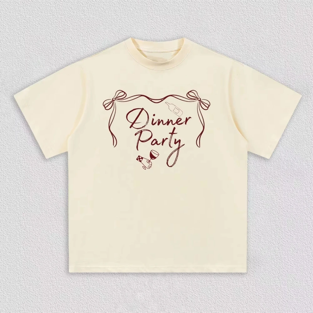 2026 Summer Dinner Party Hand Drawn Bow Frame T-shirt Adult And Kids Wine Glass Sketch Graphic Short Sleeve Cotton Tee
