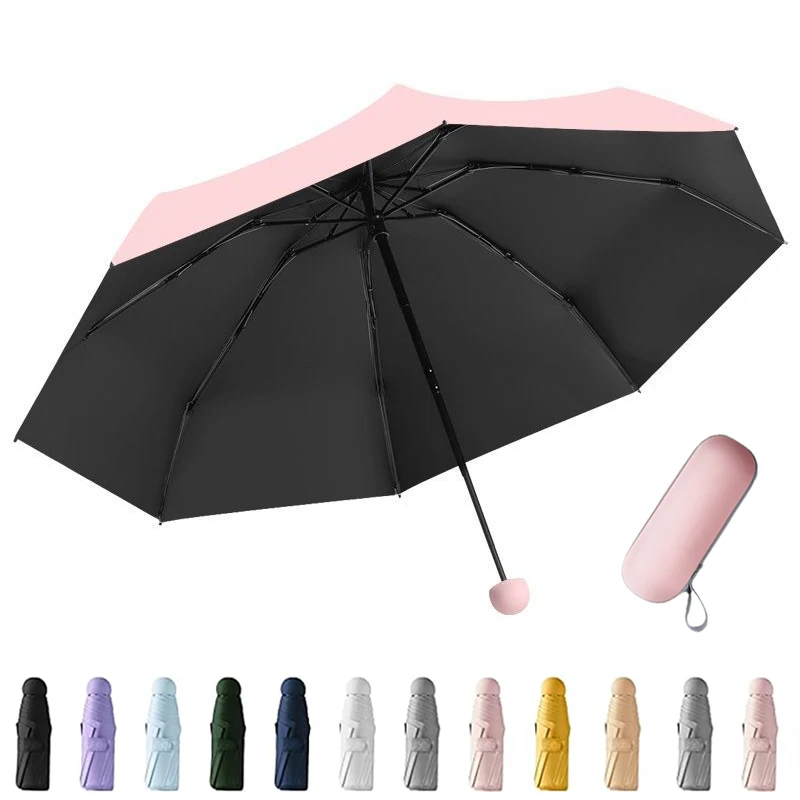 Portable Sun Umbrella 6 Ribs Lightweight Rain and Shine Dual Use Pocket Parasol Ultraviolet Proof Capsule Storage for Daily Life