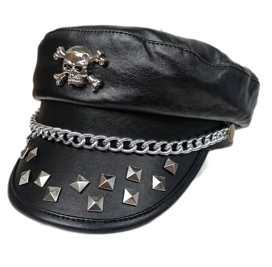 Young Fashion Wild Hat Punk Rock and Roll Beret Leather Skull  Casual Short Brim Hat