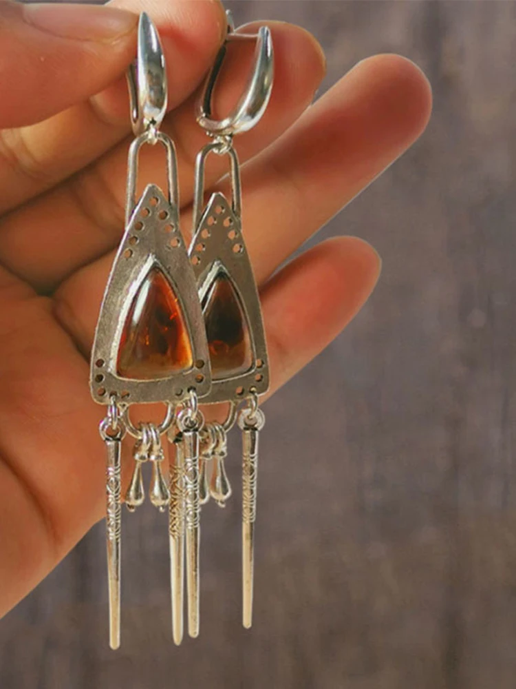 Triangle Dangle Earrings For Women Vintage Tribe Ethnic Handmade Tassel Inlay Amber Stone Eardrop Earring Female Wedding Jewelry