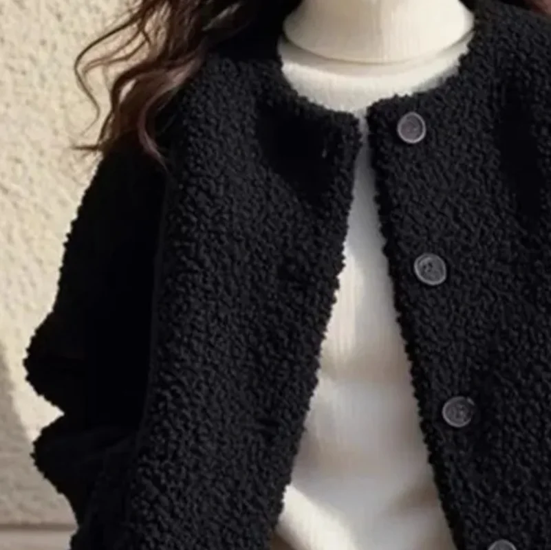 

Korean Women Fashion Particle Fluff Patchwork Outwear Spring Ladies Round Neck Short Coat Autumn Femme Top Jacket