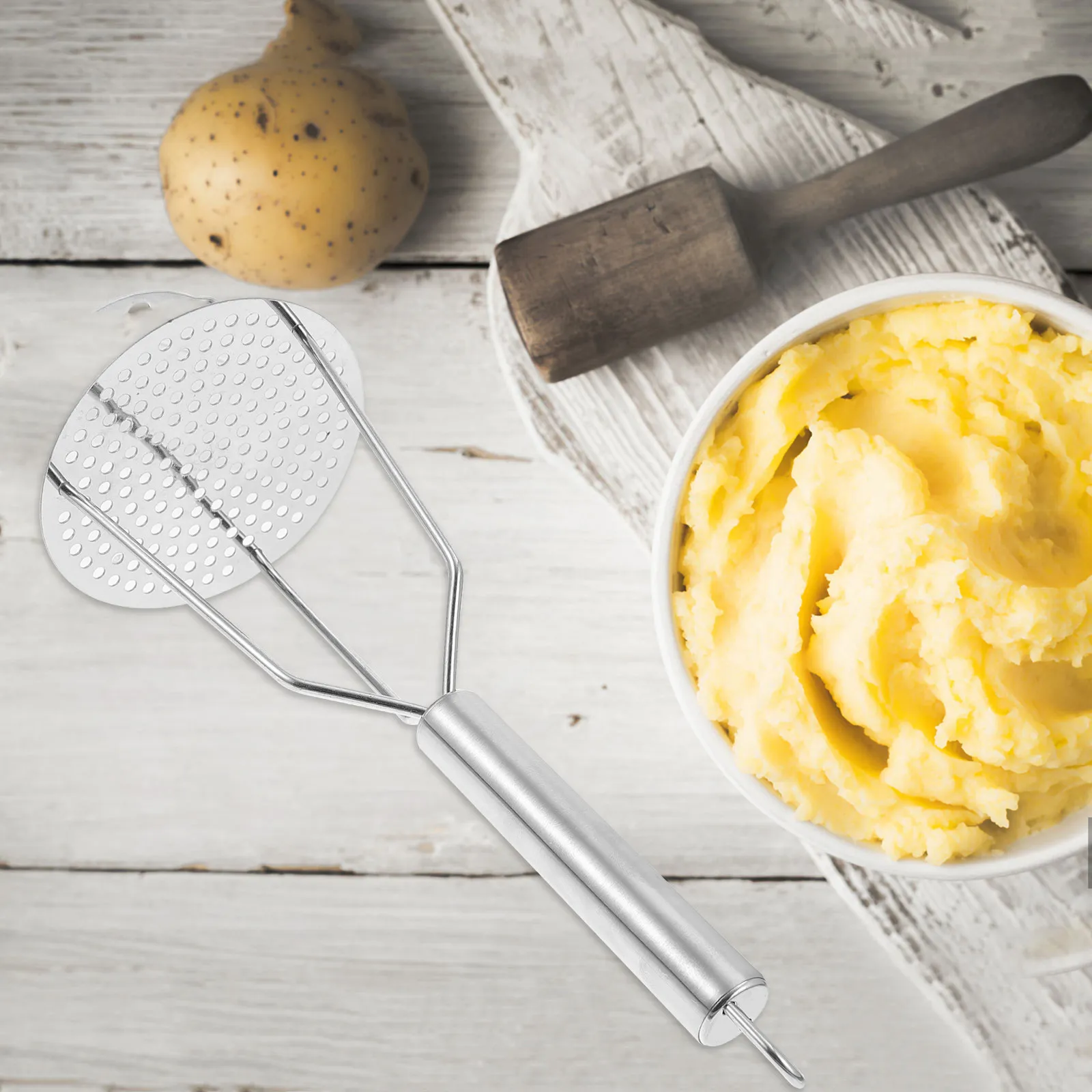 2Pcs Stainless Steel Kitchen Masher Anti Corrosion Wear Resistant Easy Clean Dense Holes for Potato Pumpkin Carrot Puree Prep