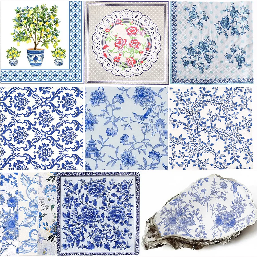 20 serviettes en papier en porcelaine Chinoiserie bleues et blanches, motif floral vintage, pour décoration de table de mariage, anniversaire, fête, DIY
