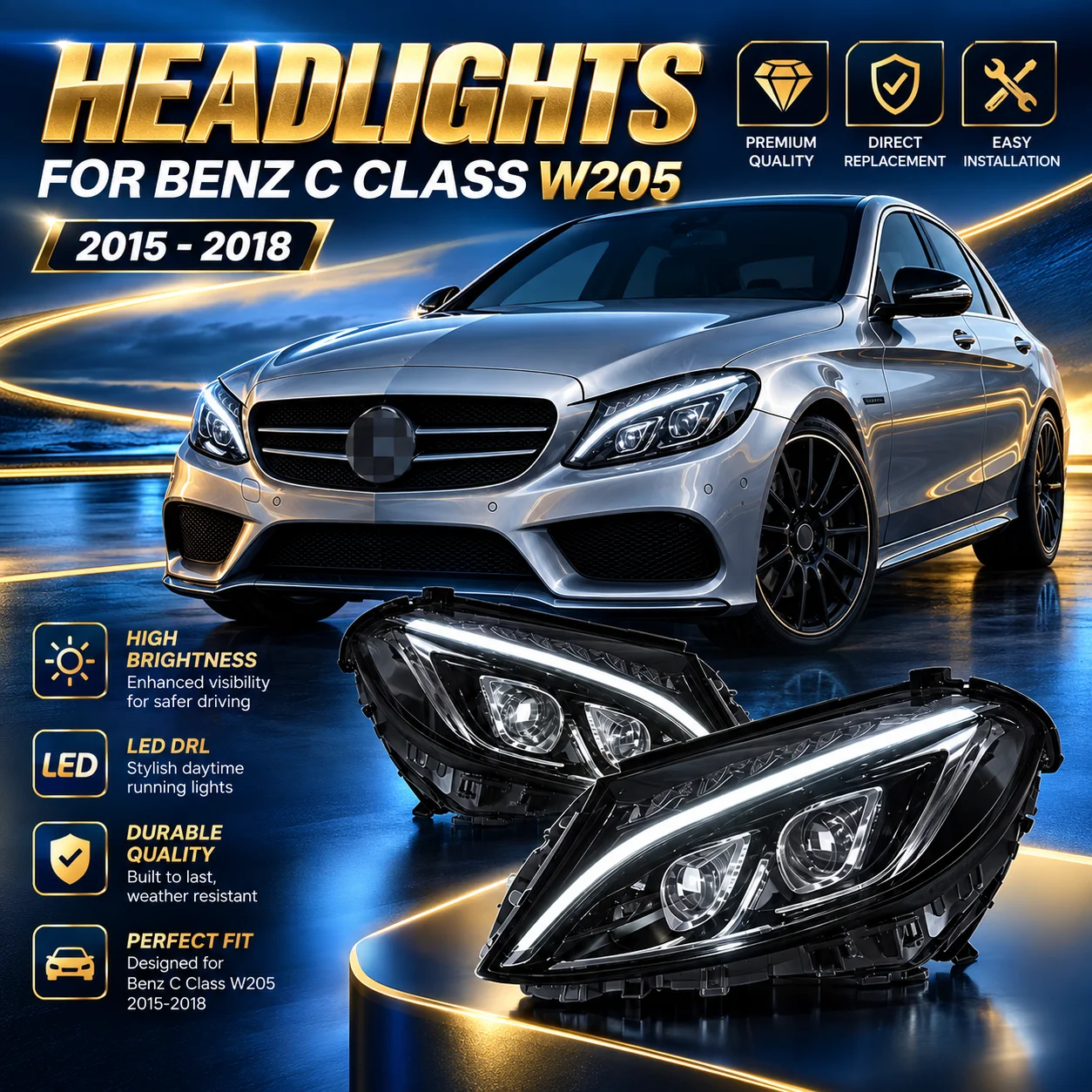 Car LED Headlights for Benz C Class W205 2015-2018 Headlight Assembly with DRL Daytime Running Lights and Dynamic Turn Signals Automotive Lighting Accessories
