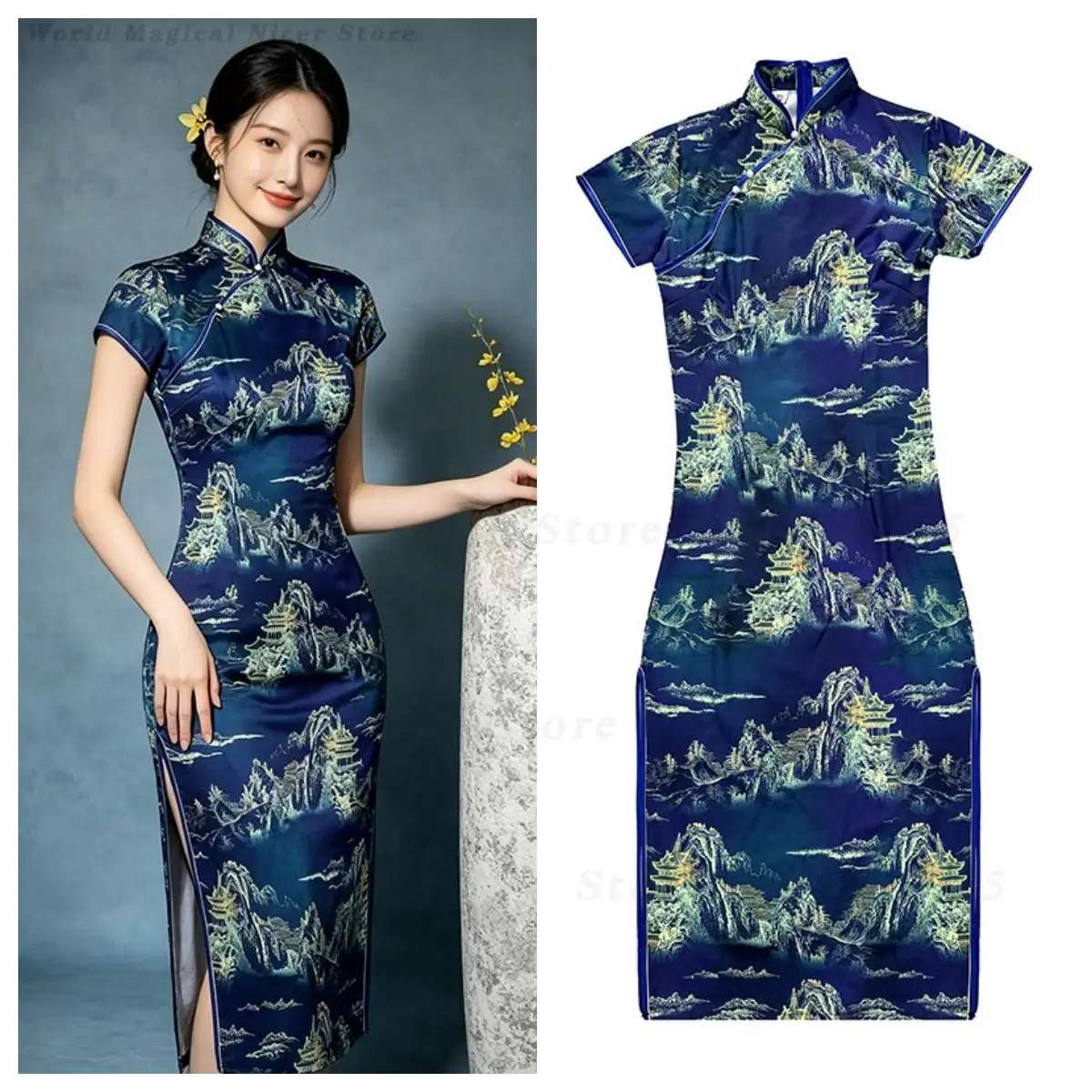 Spring Summer Short Loose Slim Qipao Dress for Women Good Luck Theme Chinese Style Party Cheongsam