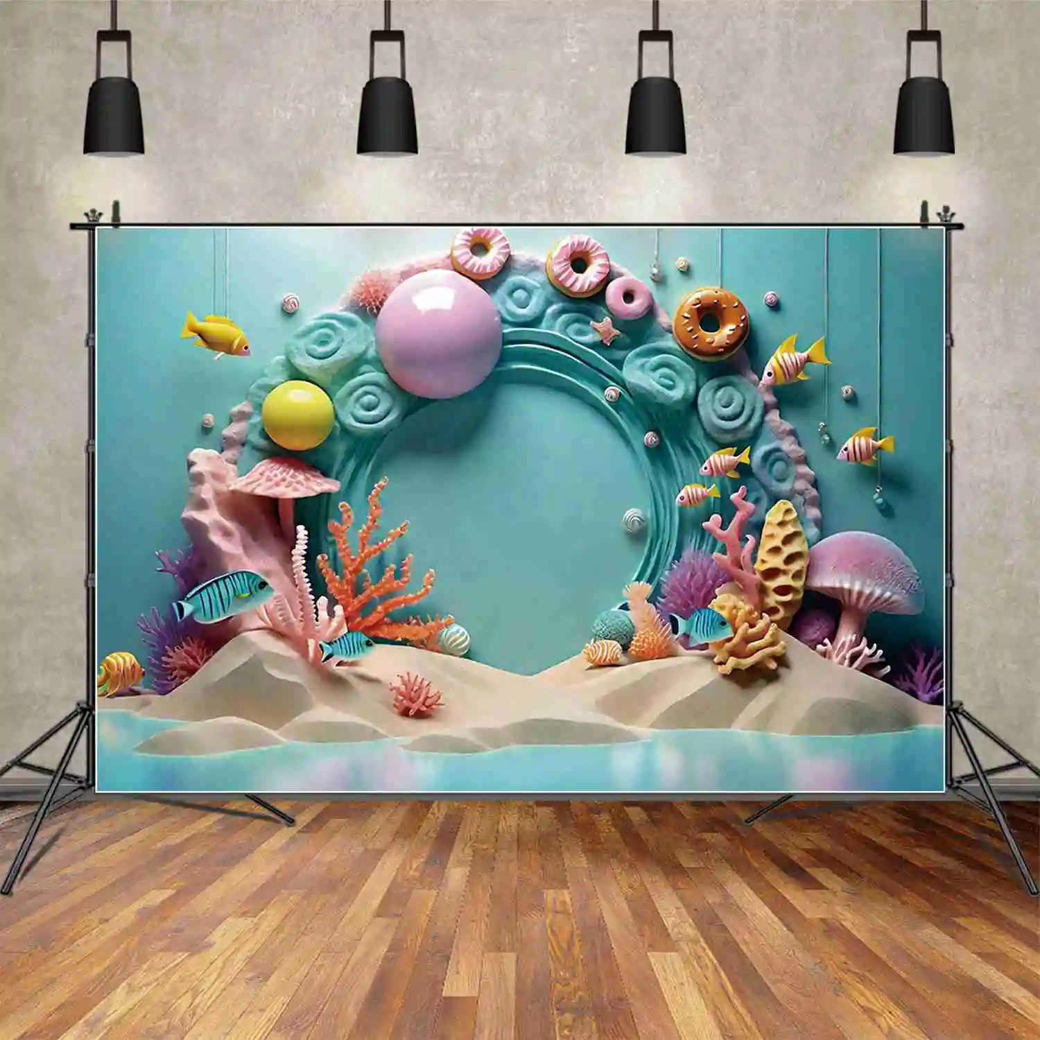 

MOON.QG Arch 3D Candy Wall Birthday Backdrop Children's Summer Doughnut Beach Background Custom Party Decoration Photocall Props