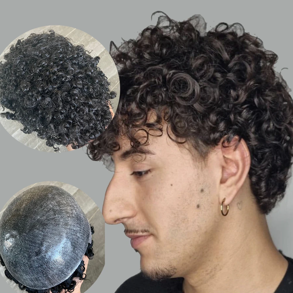 Super Durable Full PU Skin Base Men Toupee Natural Hairline Male Wig Black 20mm Curly Europen Human Hair System Soft Hairpieces