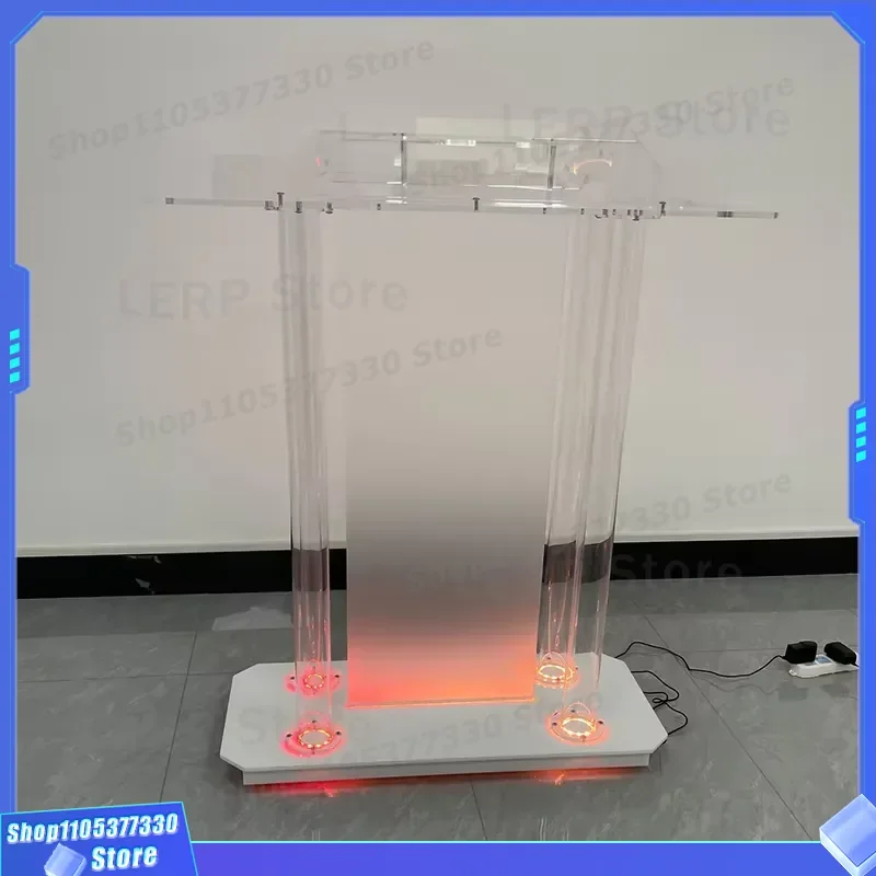 Transparent Acrylic Church Podium with LED Light and Cross Design Easy Assembly Standing Lectern for Pulpit Modern Clear