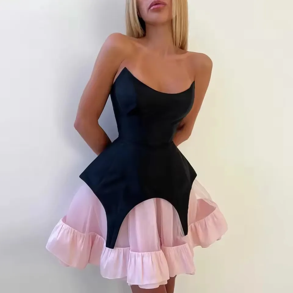 

Fashionable Two Pieces Dress Women Outfits Prom Party Dresses 2 Pcs Set Black Top Pink Skirt Cute Women Short Dress Formal Gown