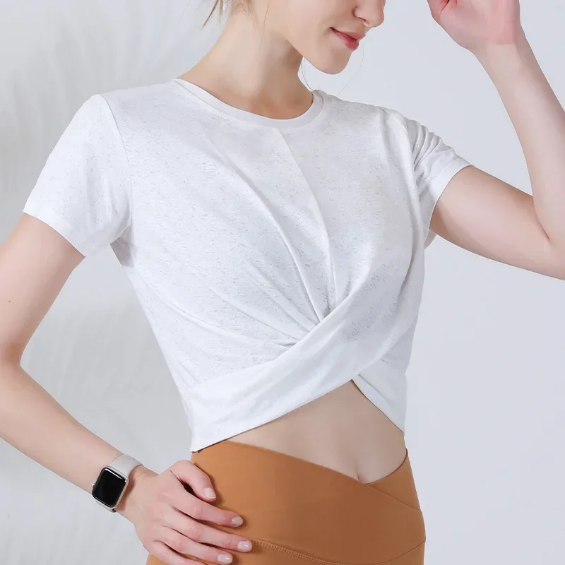 Women Yoga Shirts Short Sleeves Sport T-Shirts Mesh Breathable Running Shirt Cross Bandage Gym Fitness Tops O-Neck Blouse Female