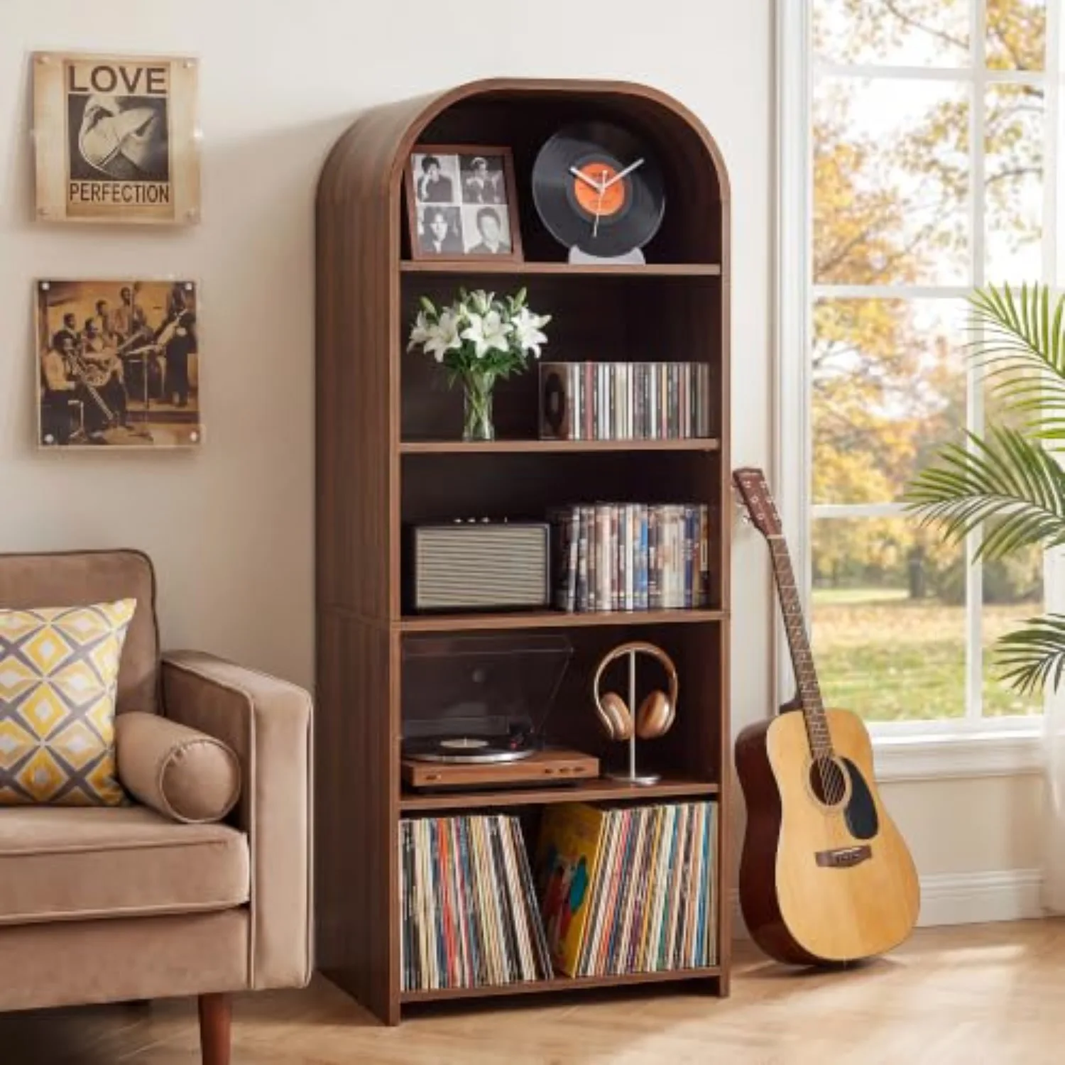 63'' Tall Record Player Stand, 5 Tier Large Record Player Storage Cabinet | Bookshelf with Adjustable Shelves, Wood