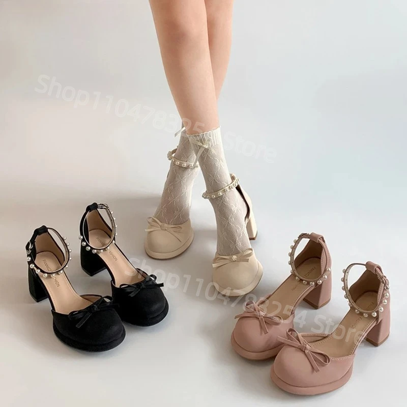 

Новинка 2025, женские туфли Мэри Джейн на толстом каблуке с узлом-бабочкой, модные туфли с круглым носком и жемчужной пряжкой на щиколотке, женские уличные модельные туфли-лодочки