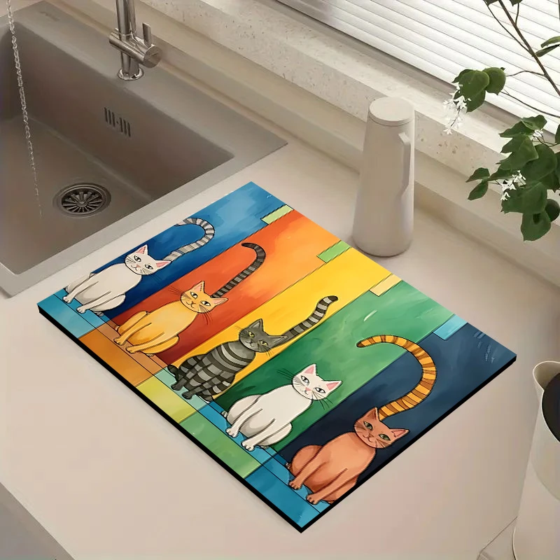 Colorful Striped Cats Print Kitchen Drying Mat,Sink Side Counter,Dish Tableware Draining,Non Slip,Water Absorbent,Gift