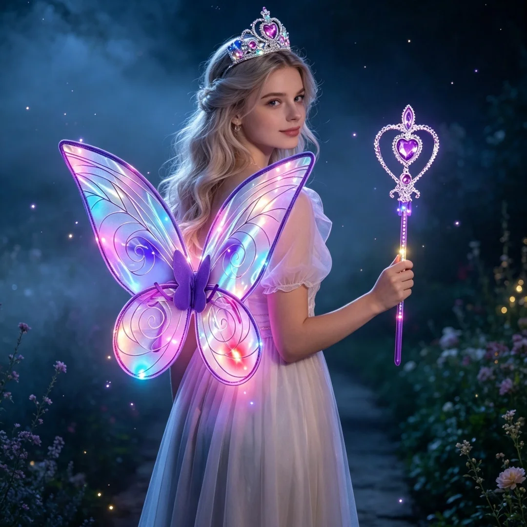 LED Light‑up Butterfly Fairy Wings Cosplay Prop Set,Glowing Purple Wing Crown Scepter Accessory,Halloween Night Masquerade Carni