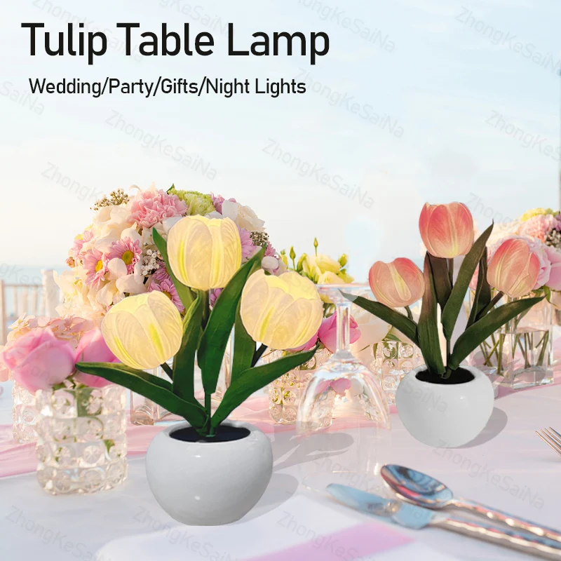 

Tulip Flower Night Light Soft Atmosphere Bedside Lamp Simulation Potted Gift Wedding Party Decor for Birthday/Valentine's Day