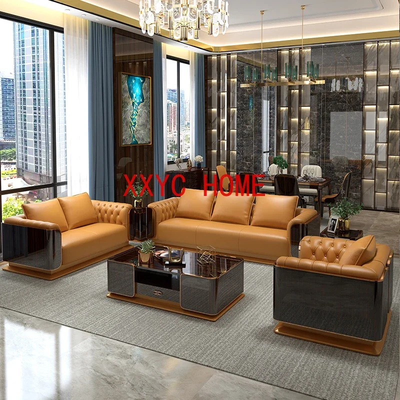 

Pull Buckle Light Luxury Furniture High-End Large Apartment Villa Living Room Leather Sofa