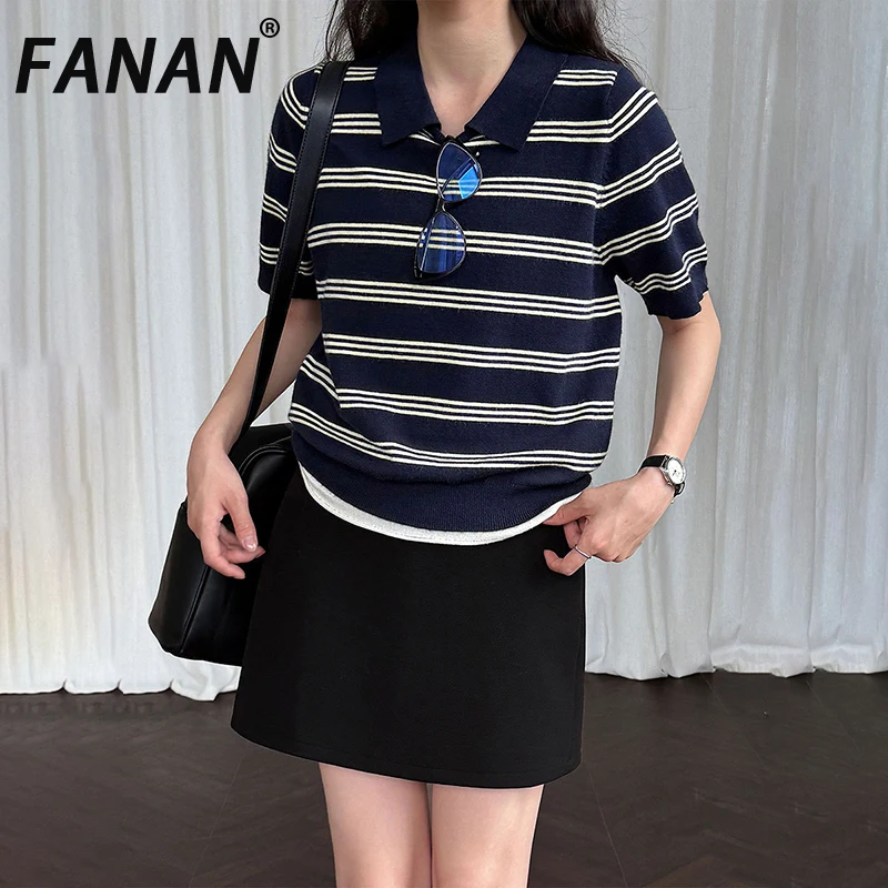

FANAN винтажный полосатый пуловер контрастного цвета, футболка для женщин, вязаные женские топы с короткими рукавами и лацканами, новинка осени 2023 г.