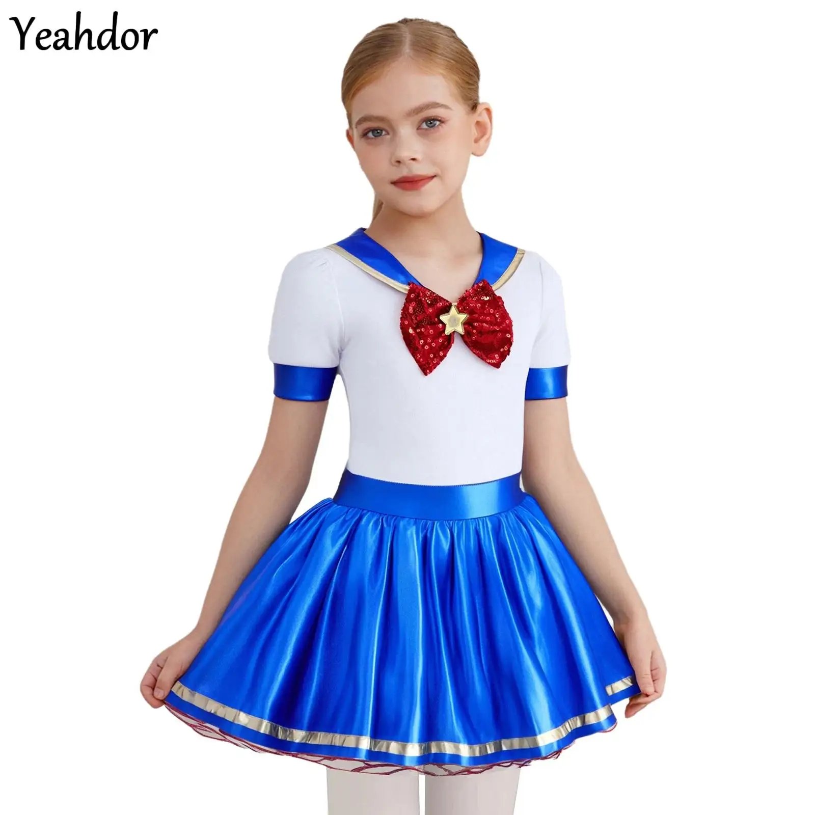 

Girl Halloween Sailor Cosplay Costume Metallic Shiny Ballet Leotard Tutu Dress Crew Neck Short Sleeve Puffy Dress with Bow Tie
