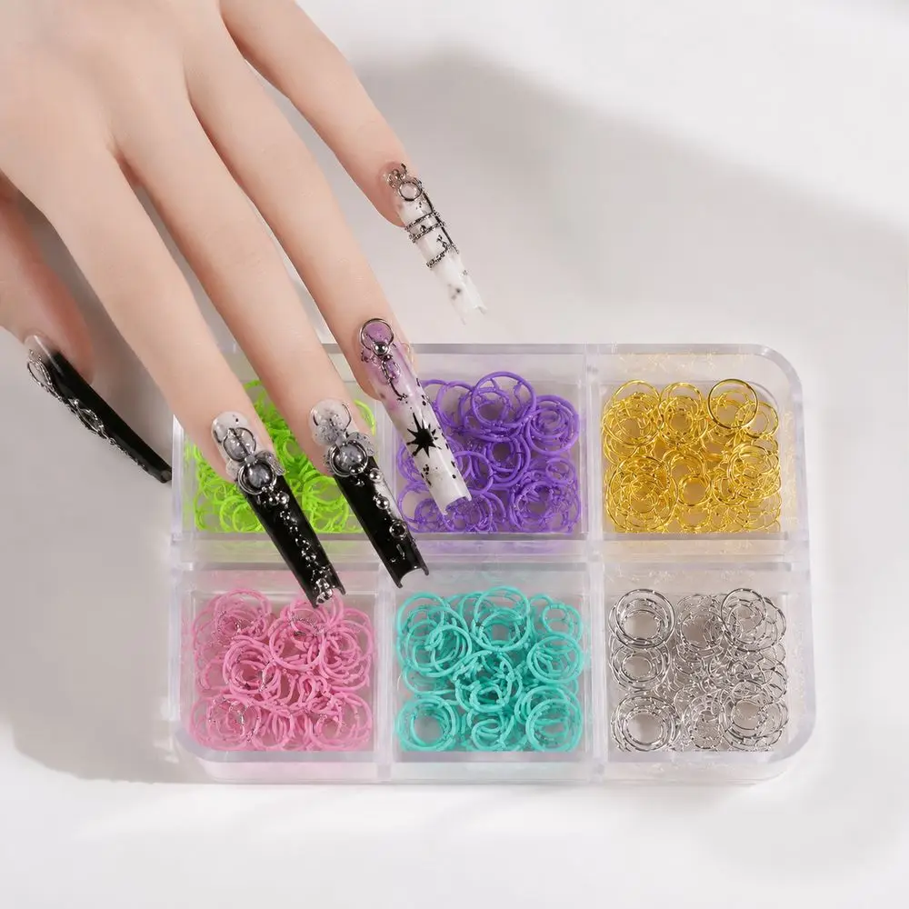 6Grids Manicure Metal Ring Supplies Mixed‑Size Open Jump Rings Hollow Circle Punk Loop Charms For Nail Salon Acrylic Nail Craft