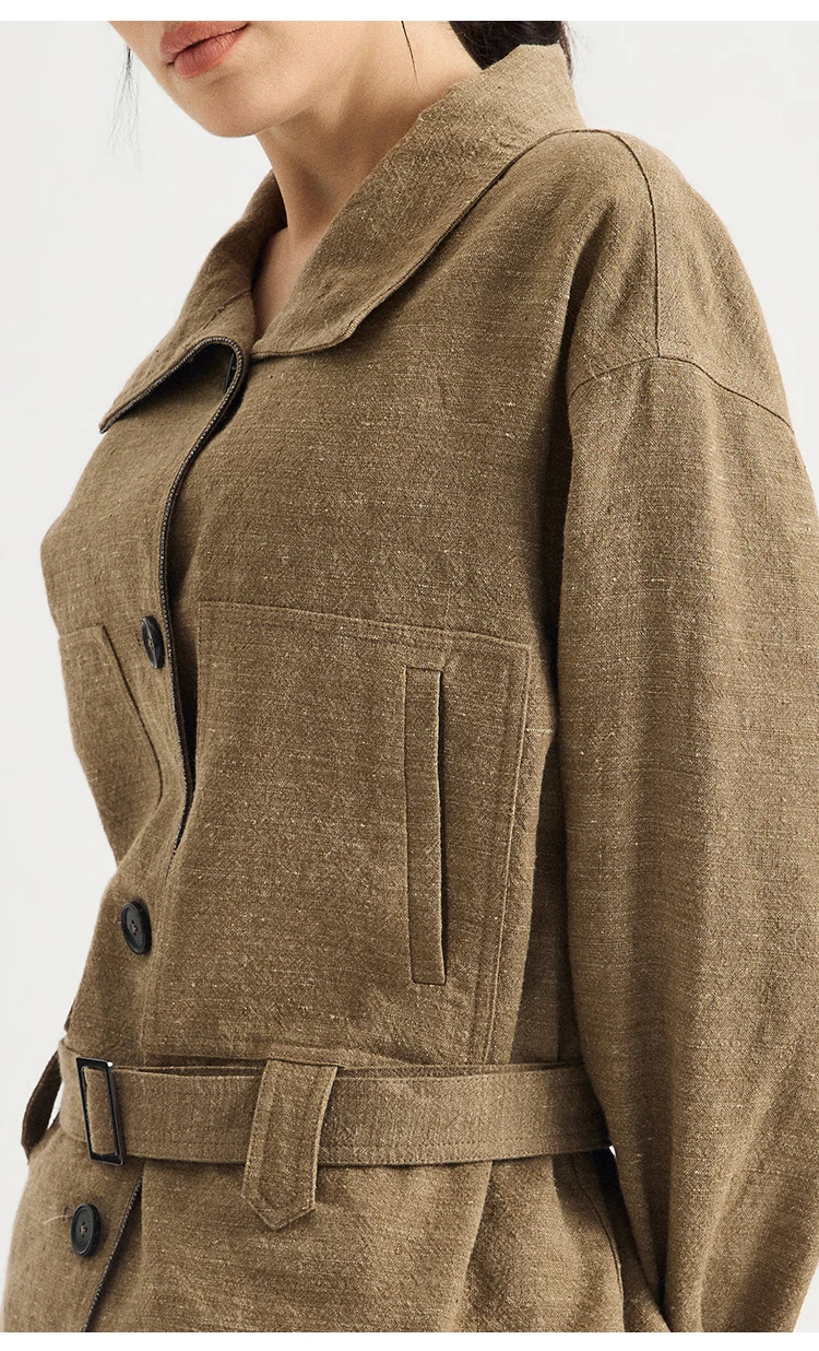 KT9623941 Damen Leinen-Woll-Mischgewebe Gürtel-Crop-Jacke, Oversized, Revers, aufgesetzte Taschen, Taillengürtel, Old Money, Frühherbst – Detail 4