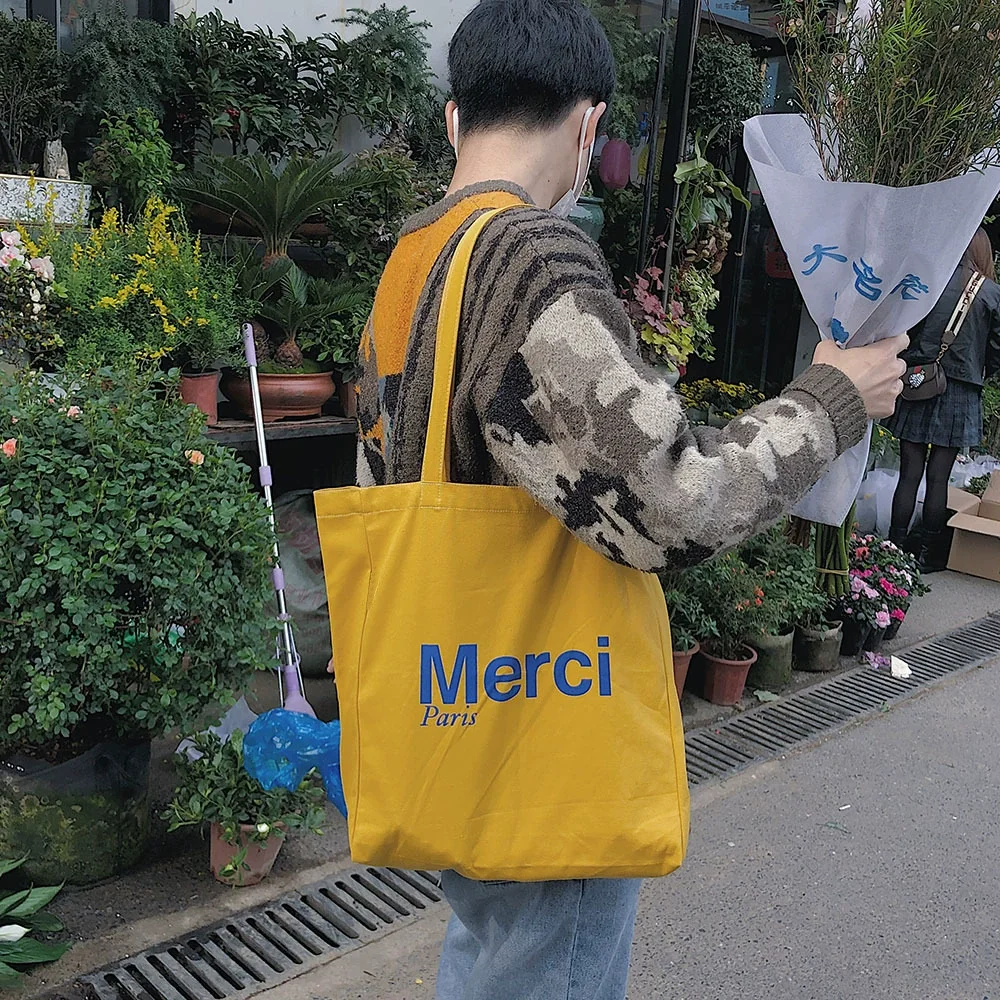 Gelbe Canvas-Einkaufstasche mit großer Kapazität, tragbare Pendler-Handtasche für Studenten, Büroangestellte, vielseitige Einzelschultertasche, Heim-Shoppi – Detail 2