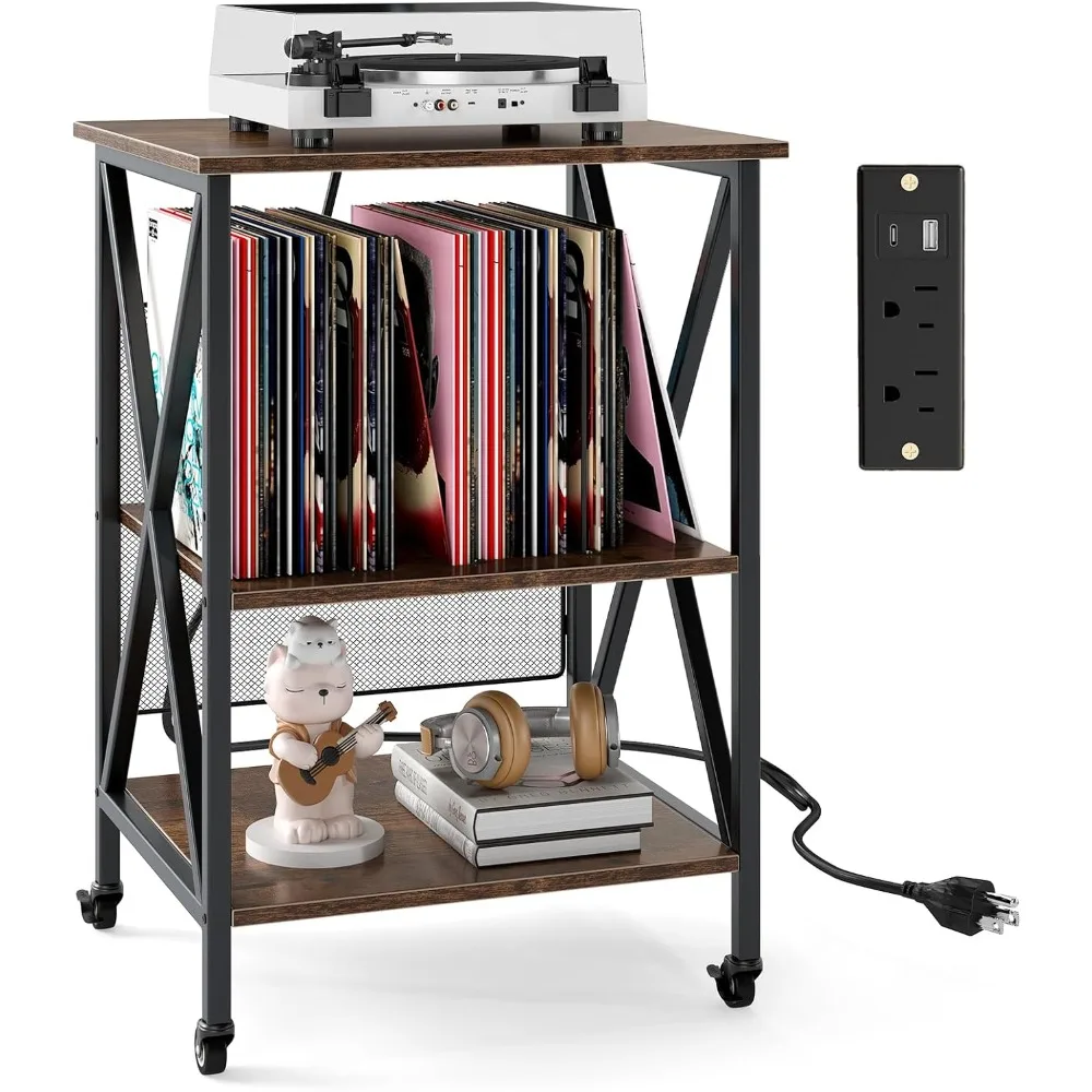 

Record Player Stand with Charging Station, Turntable Stand with Adjustable Shelf, 4 Rolling Wheels, 3-Tier End Table Vinyl Recor